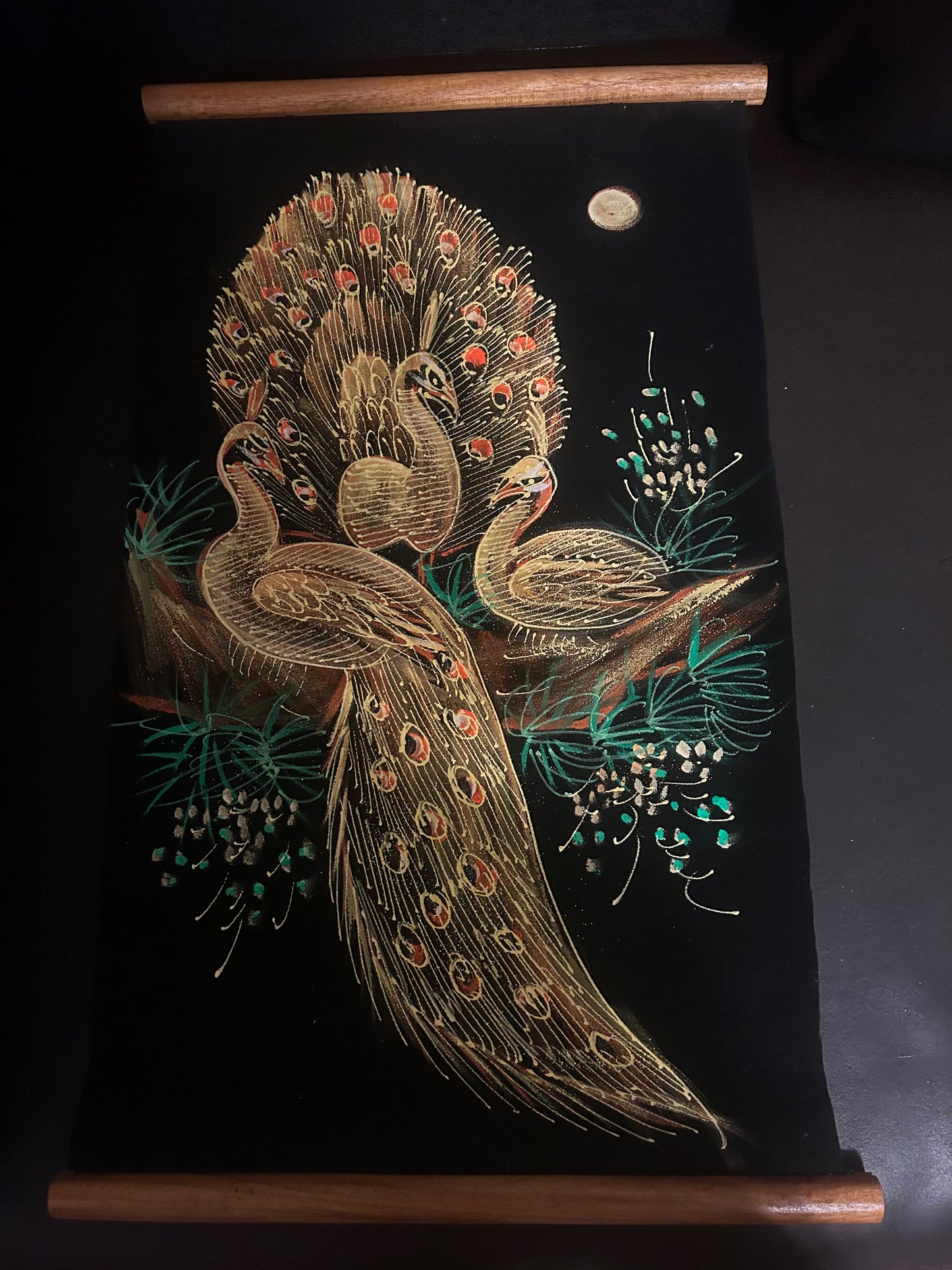 Hand Painted on scroll from Thailand ( Golden Peacocks)