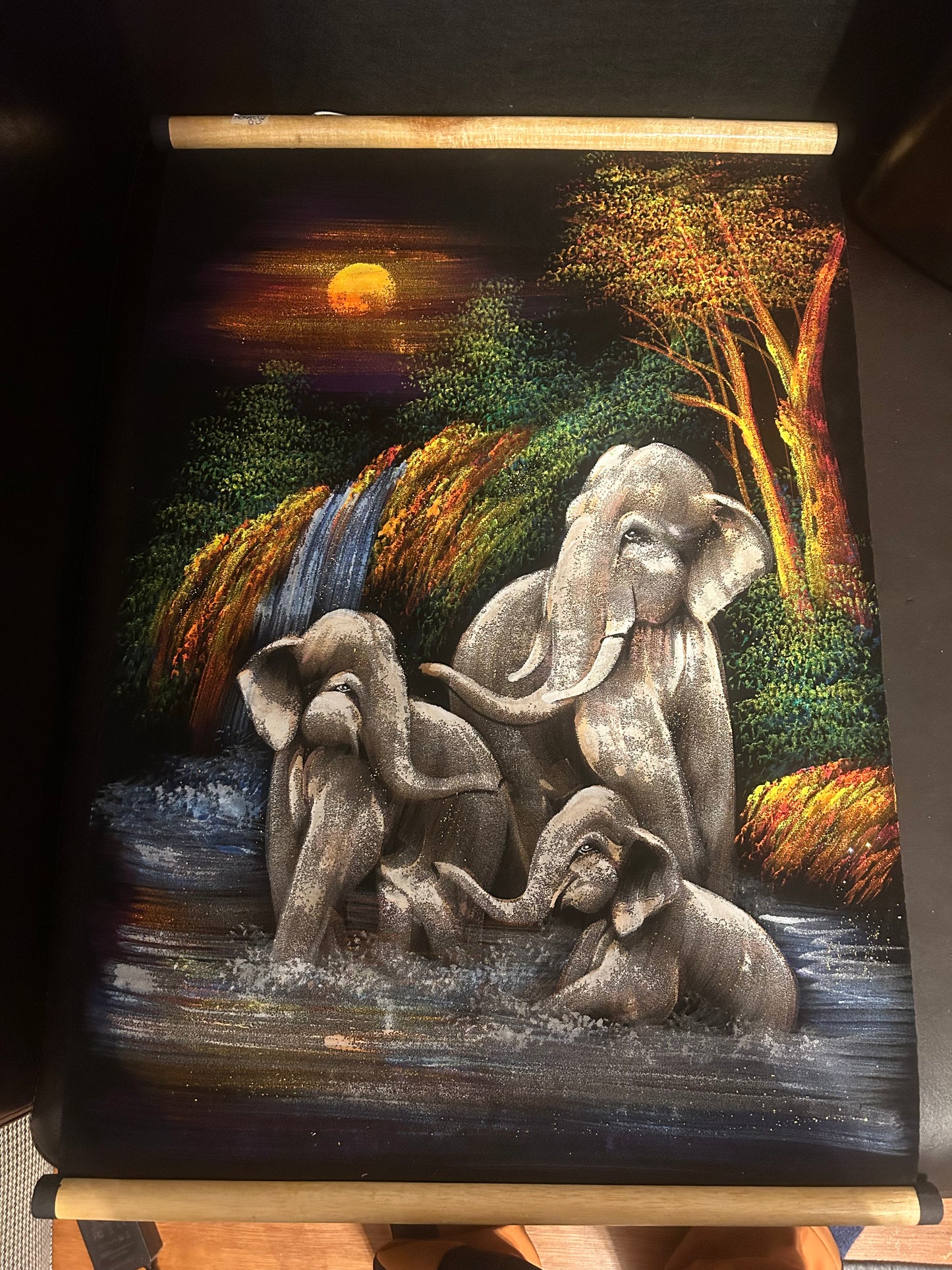 Hand Painted on scroll from Thailand Large (Family of Elephants)
