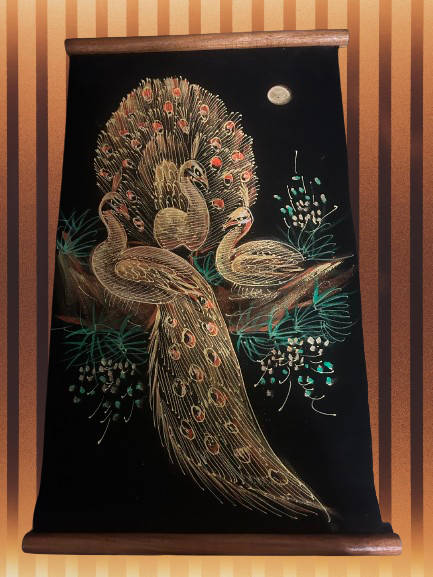 Hand Painted on scroll from Thailand ( Golden Peacocks)