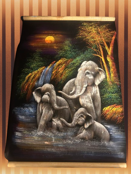 Hand Painted on scroll from Thailand Large (Family of Elephants)